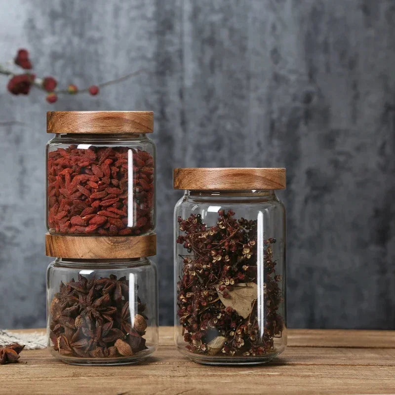 Glass Airtight Canister with Dark Wood Lid – Elegant & Versatile Storage