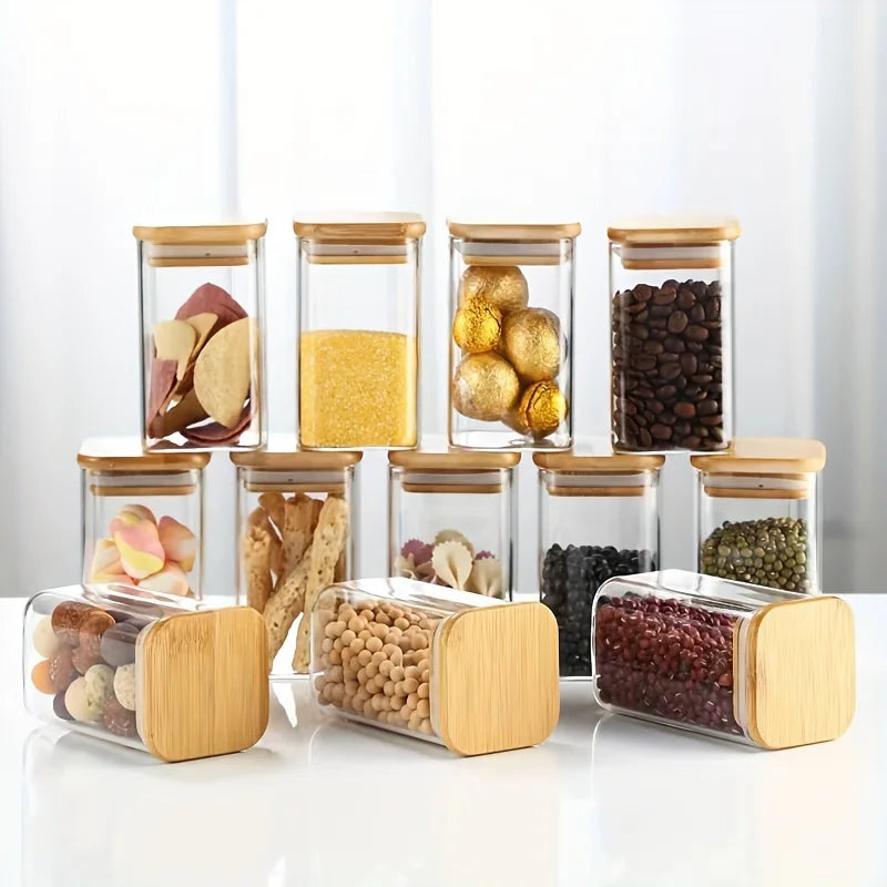 Glass square Kitchen Jar with Wooden Lid – Elegant and Natural Storage