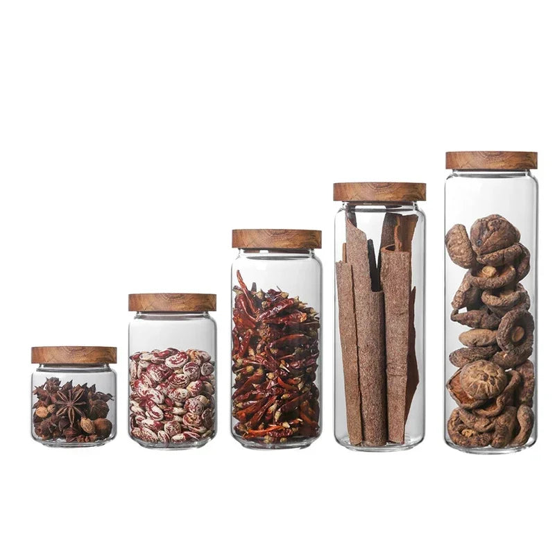 Glass Airtight Canister with Dark Wood Lid – Elegant & Versatile Storage