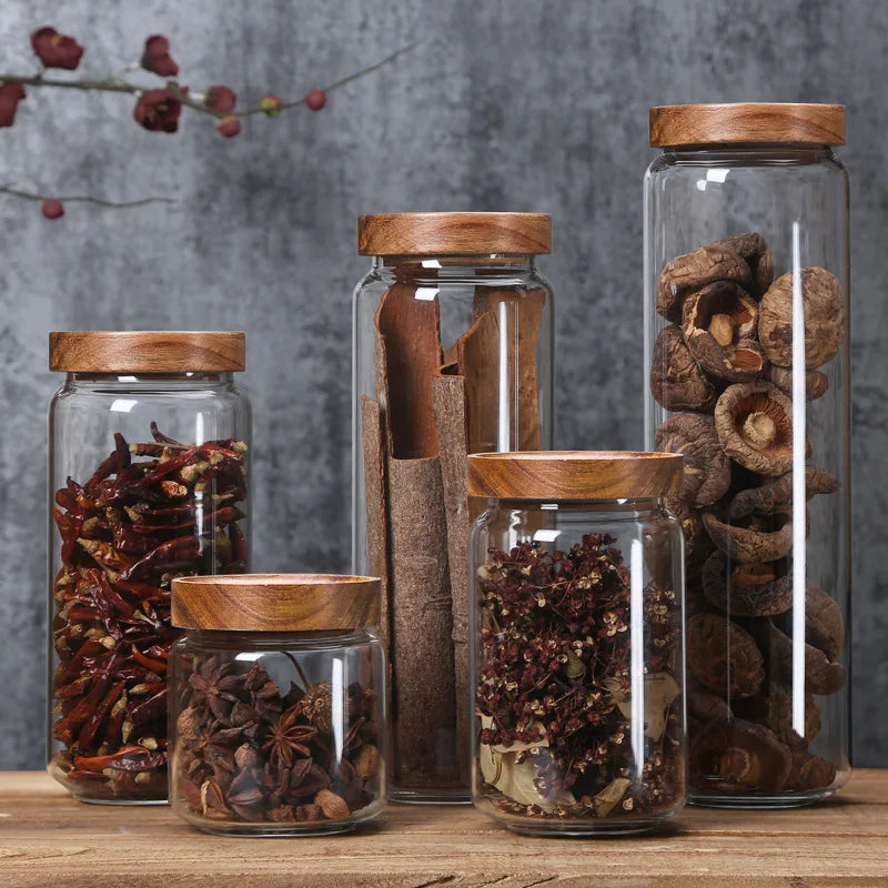 Glass Airtight Canister with Dark Wood Lid – Elegant & Versatile Storage