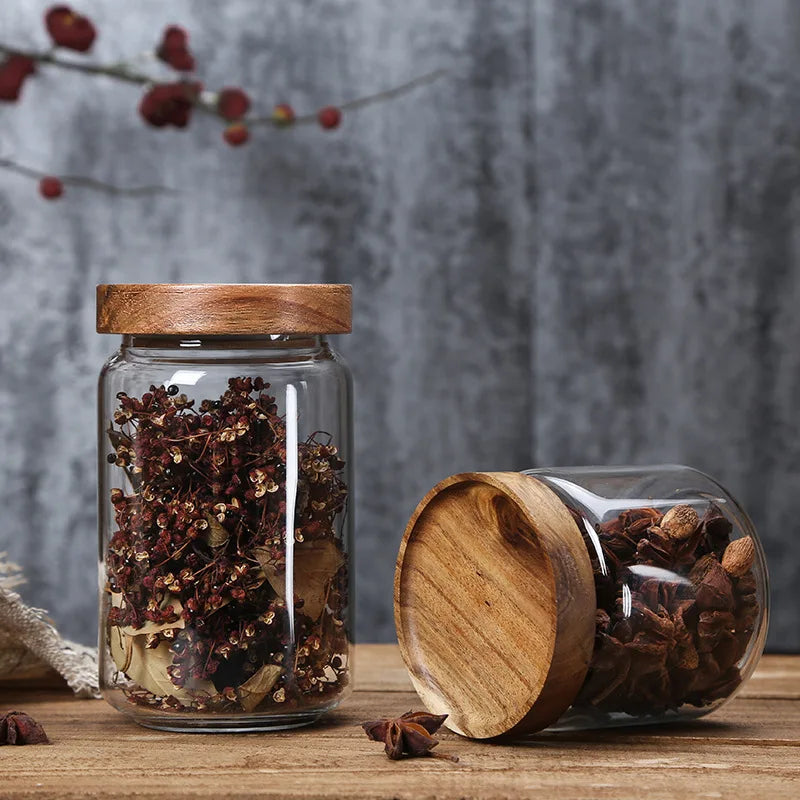 Glass Airtight Canister with Dark Wood Lid – Elegant & Versatile Storage