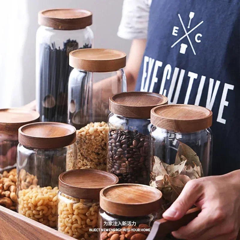 Glass Airtight Canister with Dark Wood Lid – Elegant & Versatile Storage