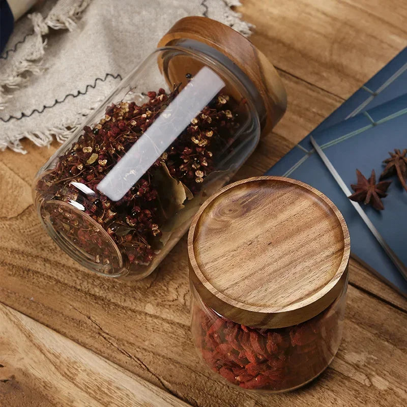 Glass Airtight Canister with Dark Wood Lid – Elegant & Versatile Storage