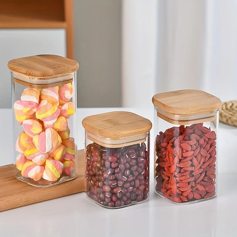 Glass square Kitchen Jar with Wooden Lid – Elegant and Natural Storage