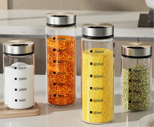 Spice Jars – Seasoning Organizer with Scale & Adjustable Shaker Holes