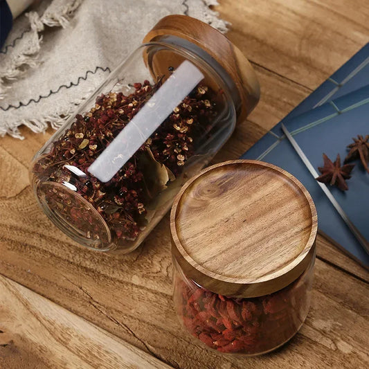 Glass Airtight Canister with Dark Wood Lid – Elegant & Versatile Storage