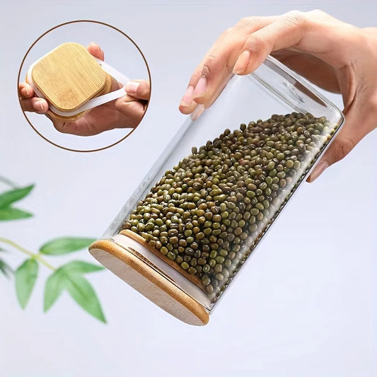 Glass square Kitchen Jar with Wooden Lid – Elegant and Natural Storage