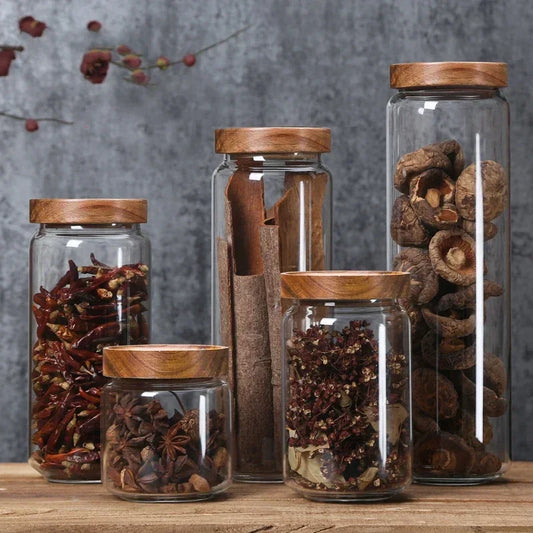 Glass Airtight Canister with Dark Wood Lid – Elegant & Versatile Storage